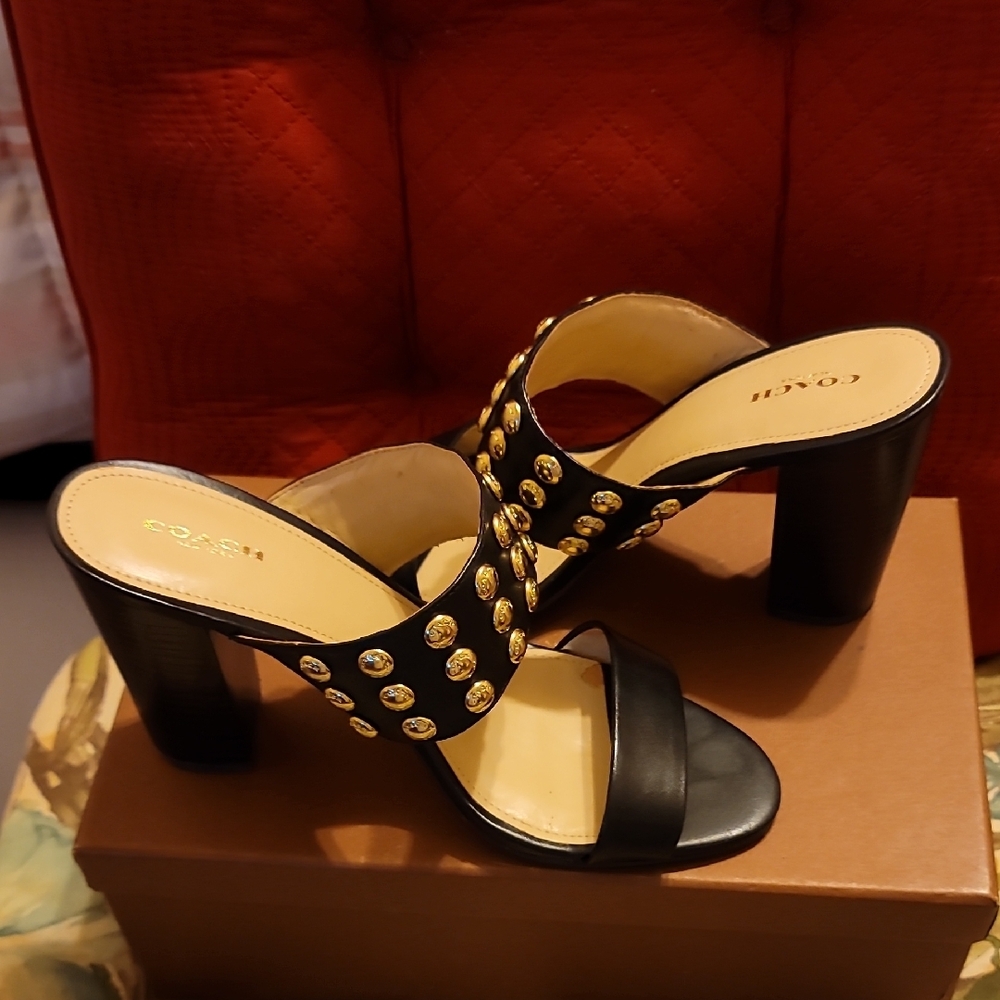 Coach Black Leather Slide Mules with Gold Studs - Picture 2 of 6